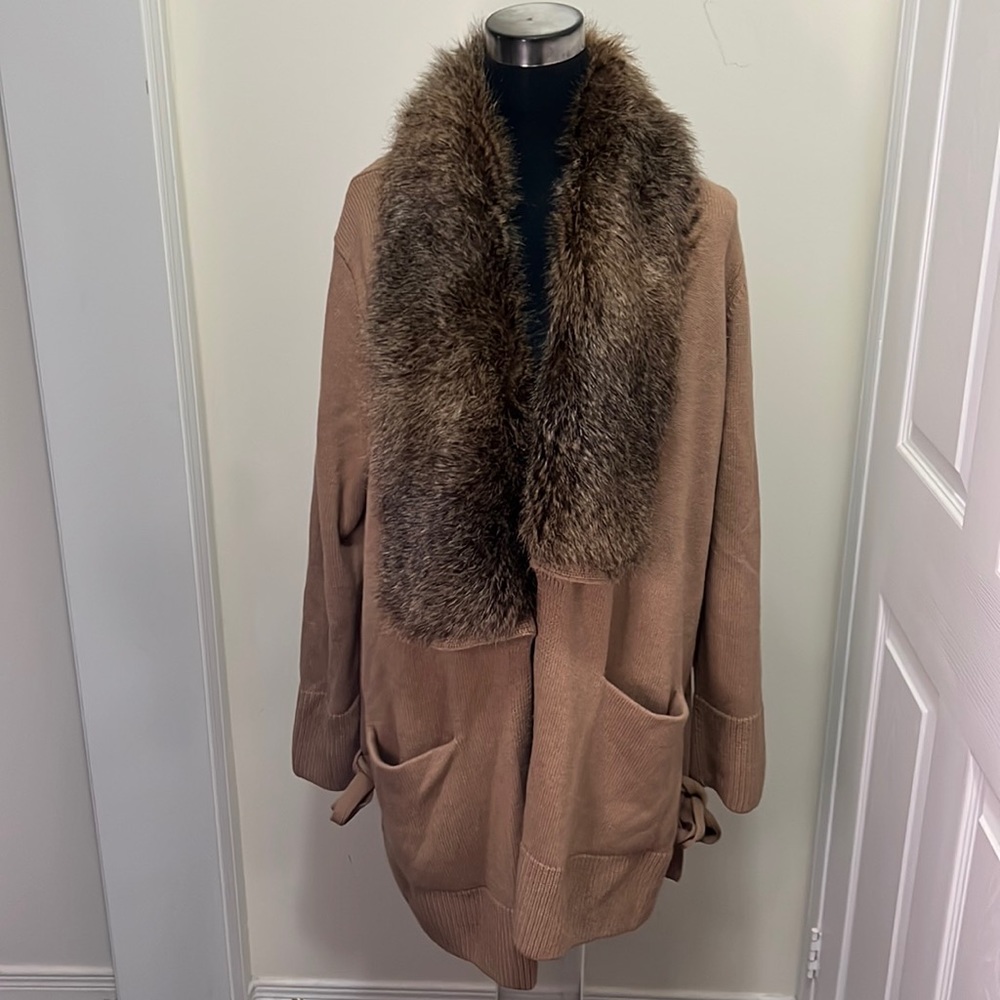 Banana Republic Disco Chunky Faux Fur Collar Long Knit Cardigan Outerwear XL